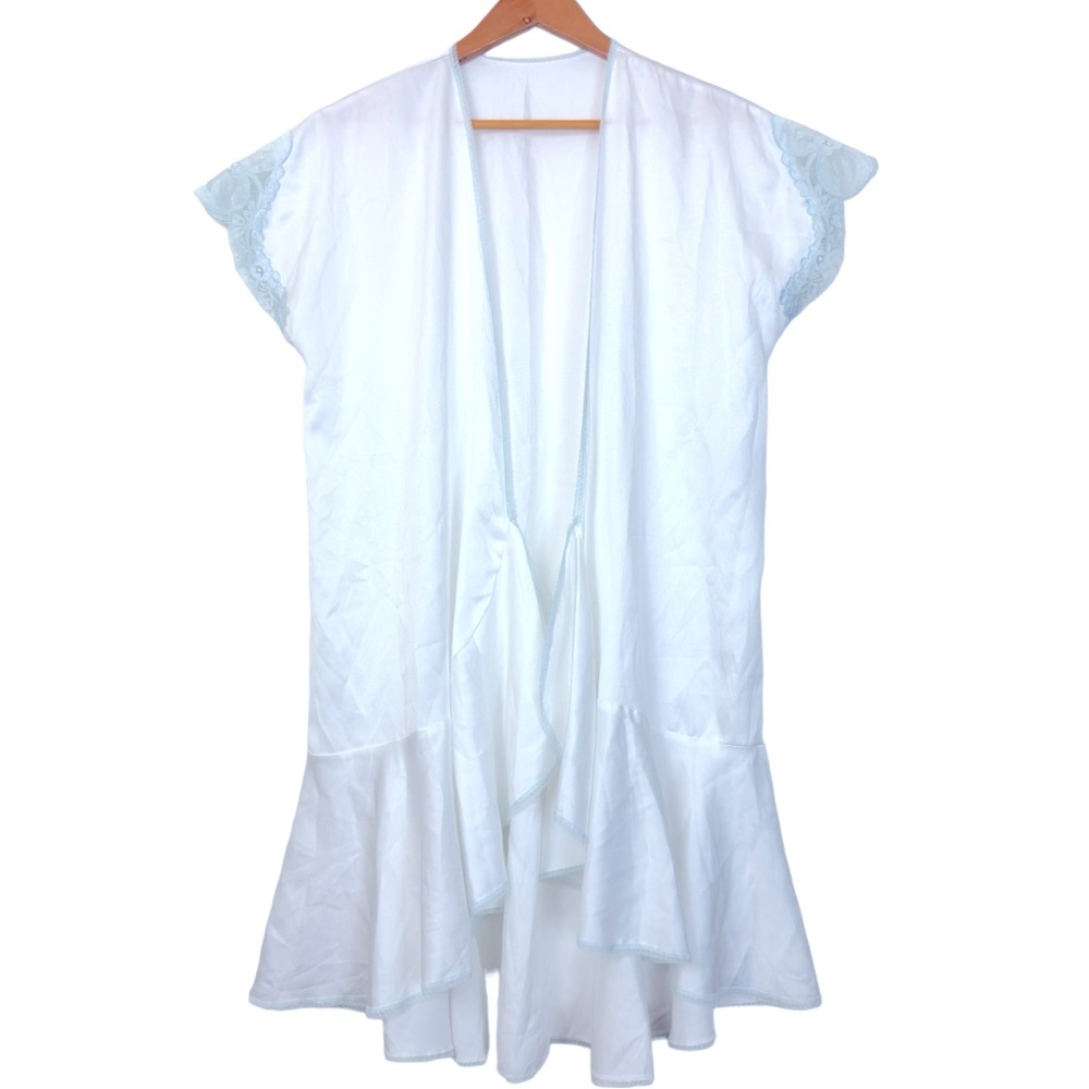 Vintage Fernando Sanchez Satin Robe Women's Sz M White Blue Lace Trim Mermaid